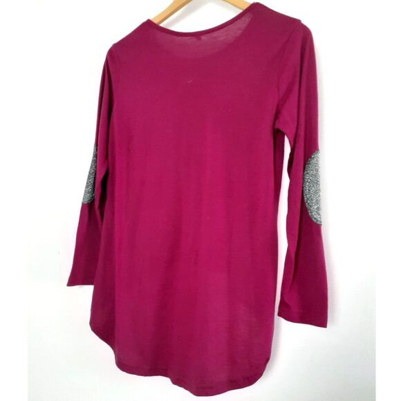 Silver Sequin Elbow Patch Fuchsia Hi-Low Hem Long Sleeve Top Size Medium - Picture 3 of 11